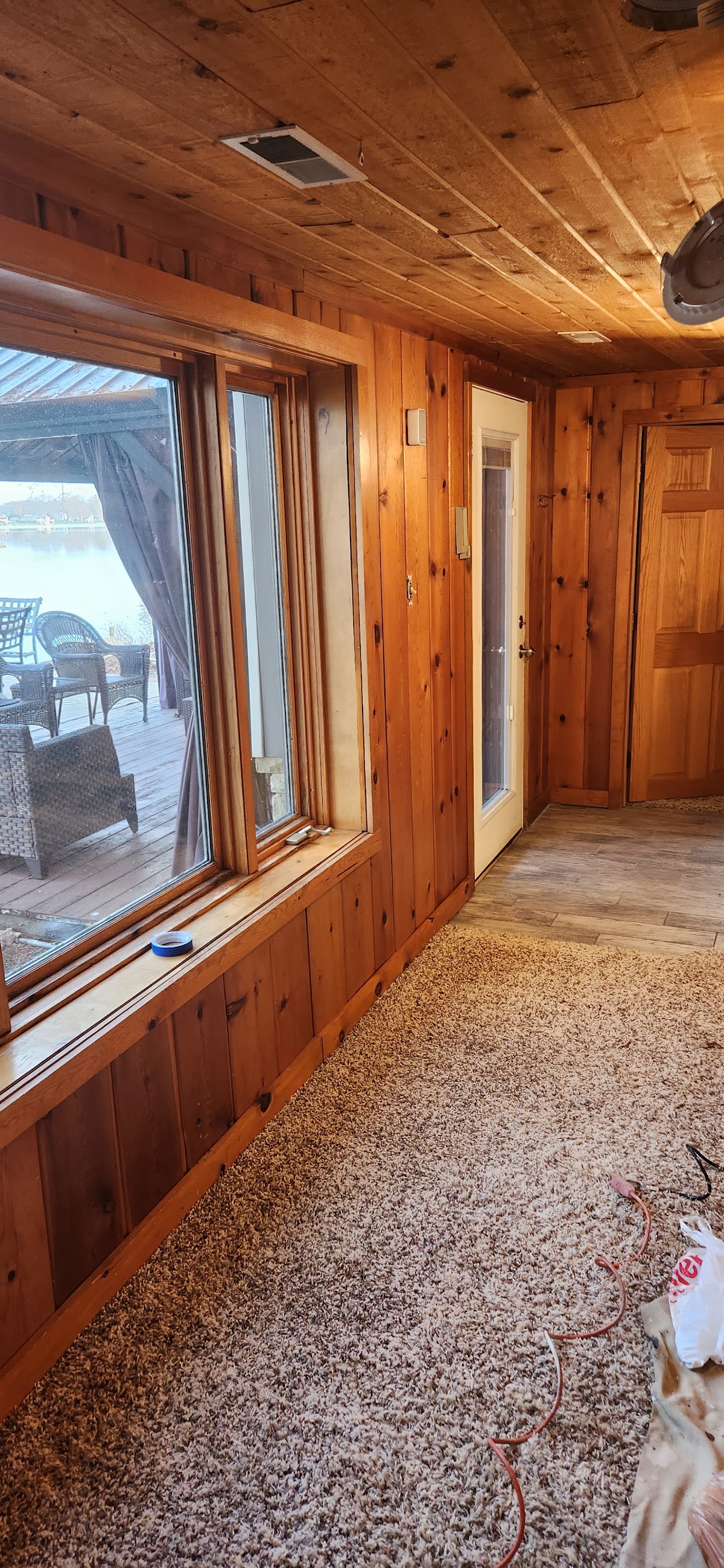 Knotty pine room with freshly stained wood