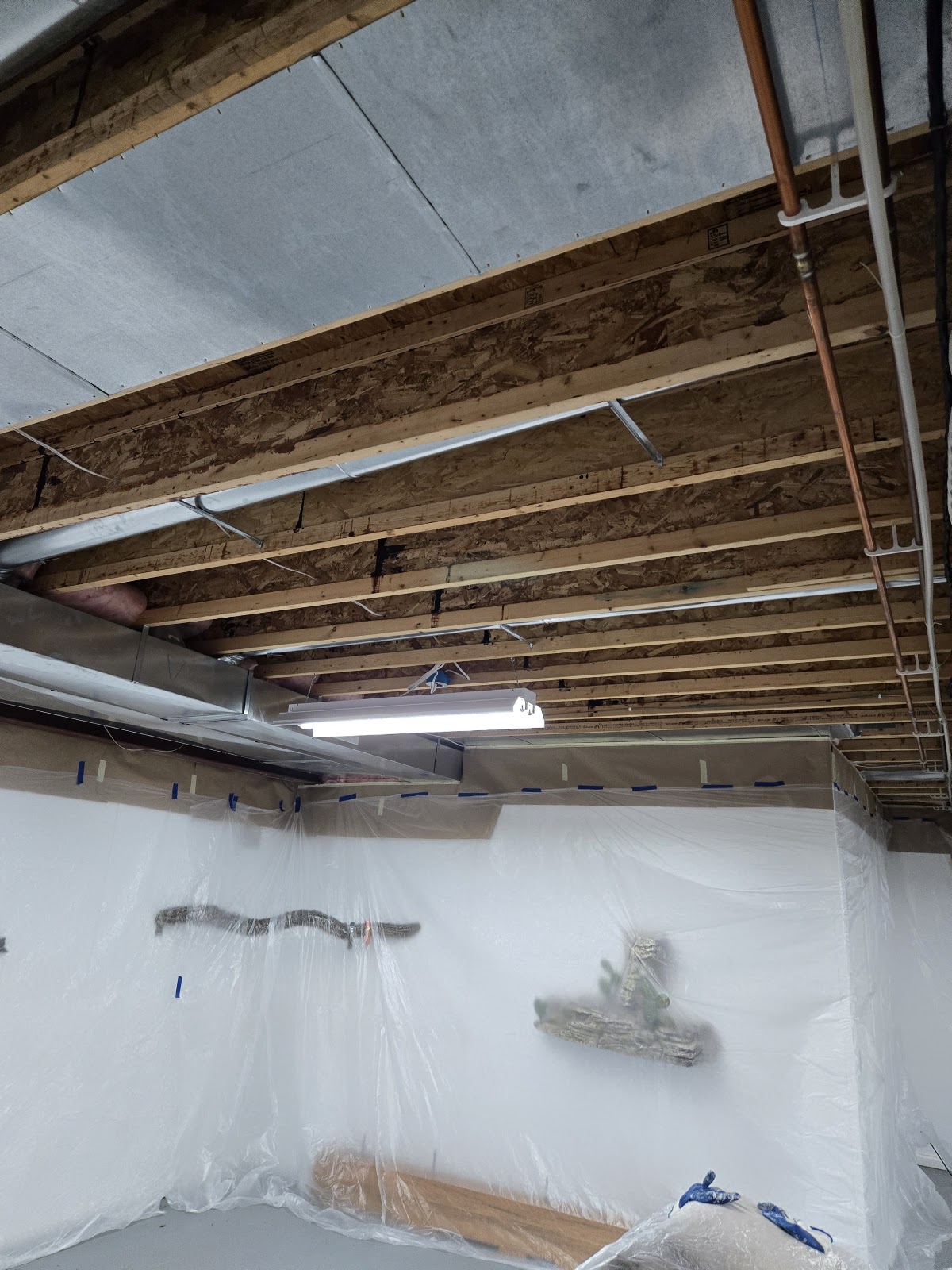 Basement ceiling joists prepped with plastic sheeting